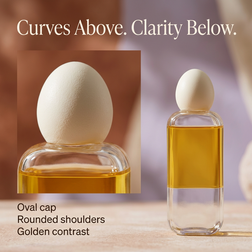 Ivory oval cap and clear rounded bottle shoulder close-up