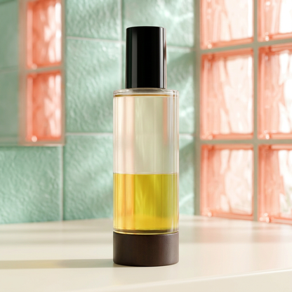 Body serum oil on cream vanity with coral and mint accents