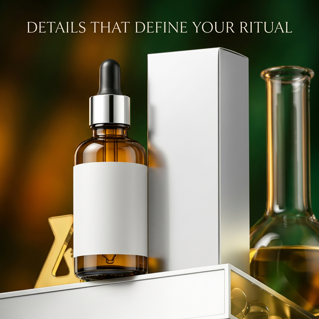 Close-up of amber hair serum bottle and dropper closure