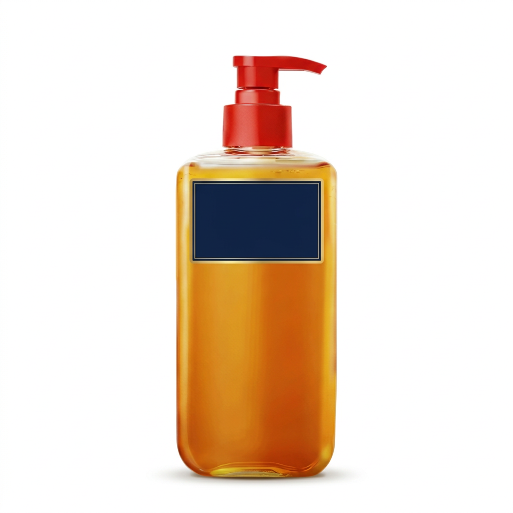 Unbranded amber shower oil bottle with red pump on white background