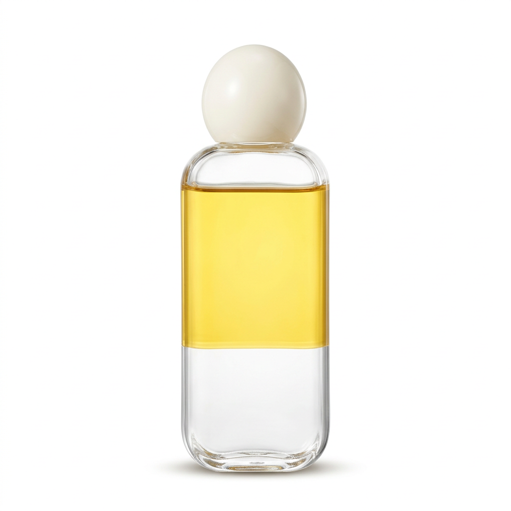 Unbranded clear body serum oil bottle with ivory oval cap on white