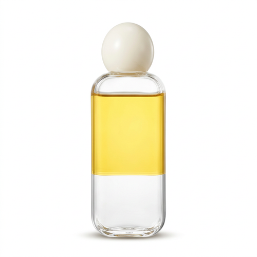 Unbranded clear body serum oil bottle with ivory oval cap on white