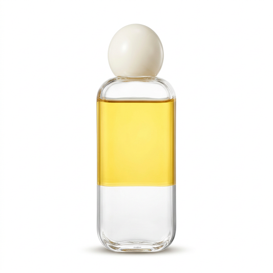 Unbranded clear body serum oil bottle with ivory oval cap on white