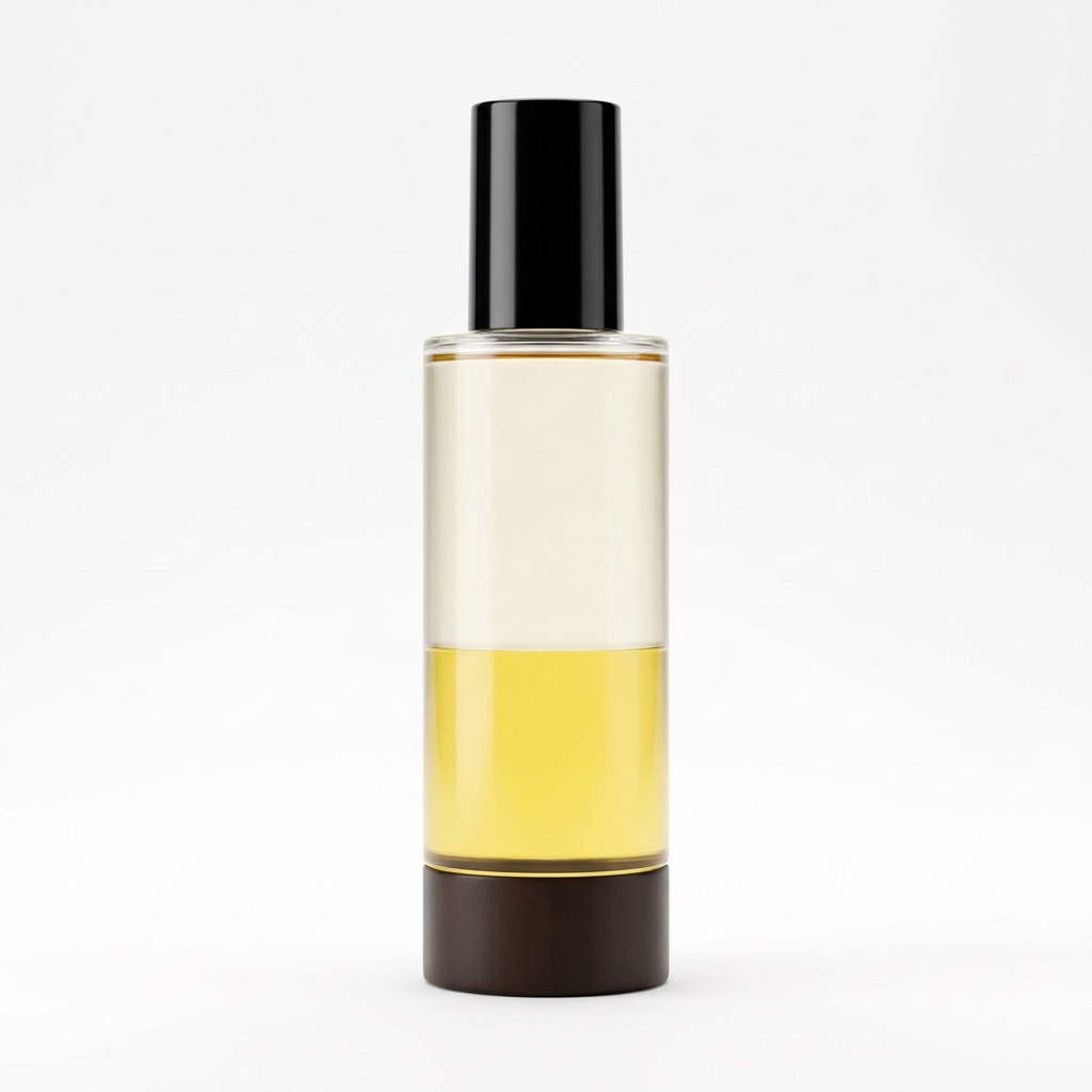 Unbranded body serum oil with black cap and golden tones on white