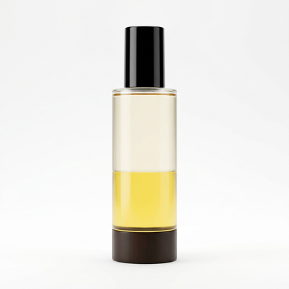 Unbranded body serum oil with black cap and golden tones on white