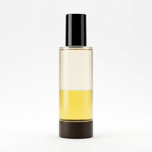 Unbranded body serum oil with black cap and golden tones on white