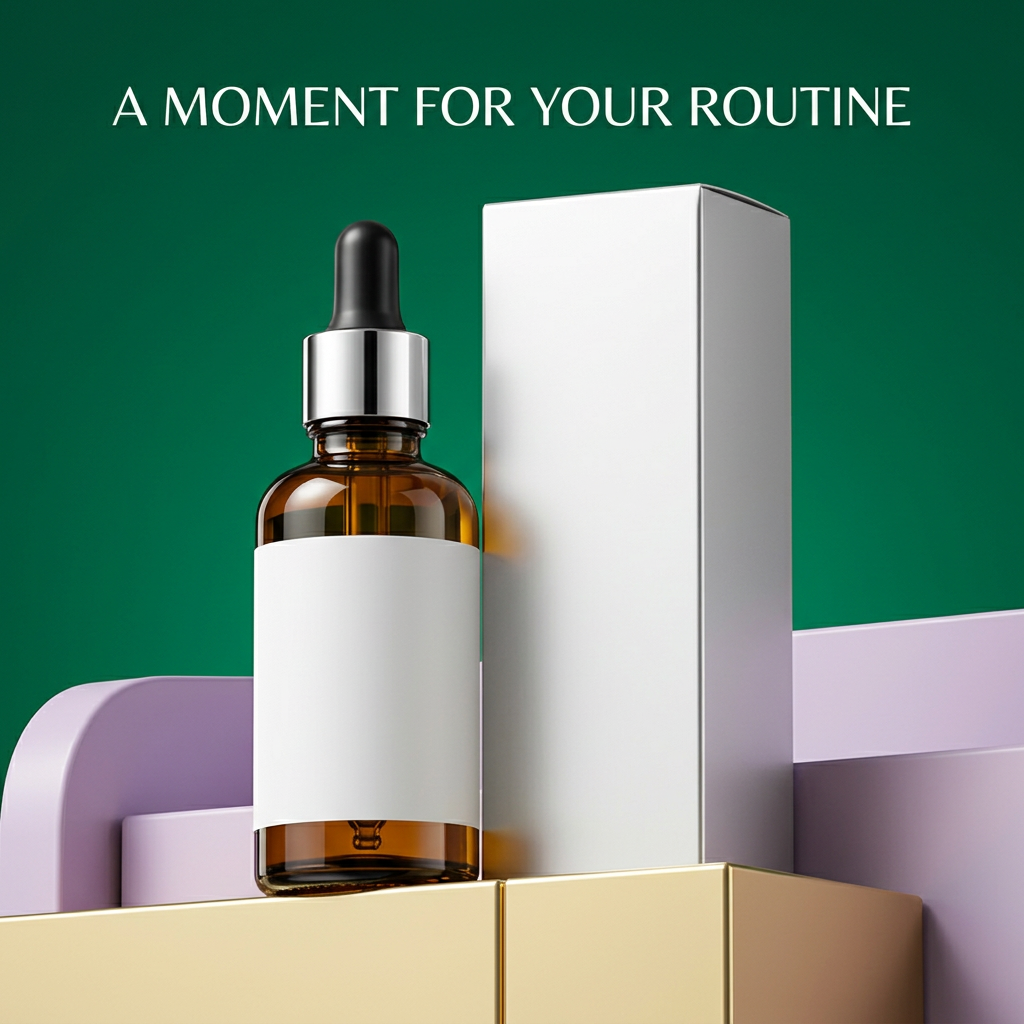 Hair care essence on sculptural display platforms