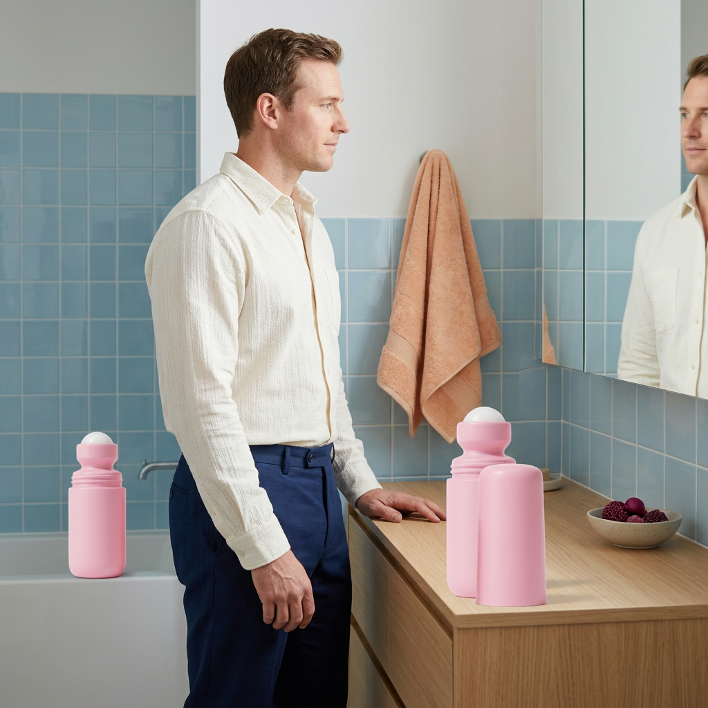 Adult male model beside pink roll-on serum