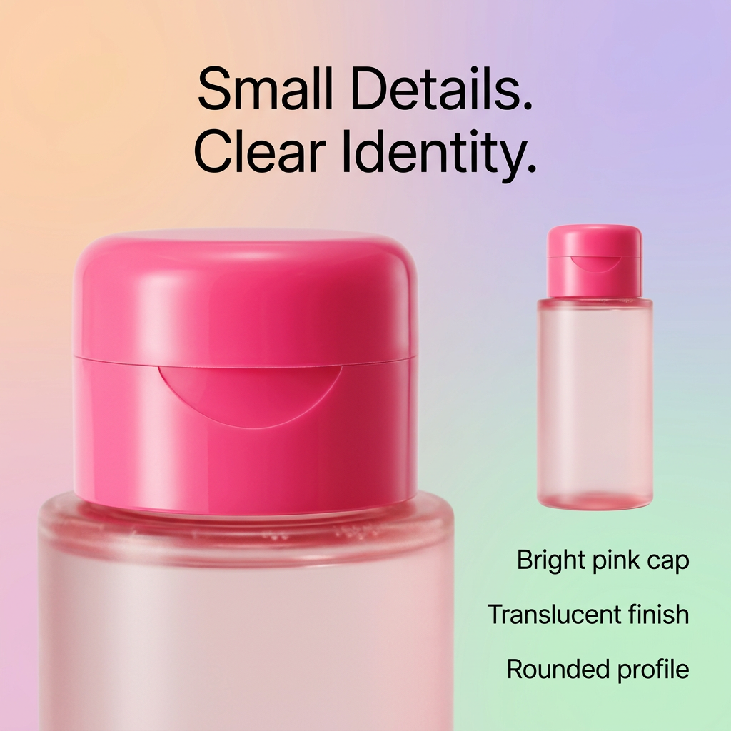 Pink flip-top cap and bottle shoulder close-up