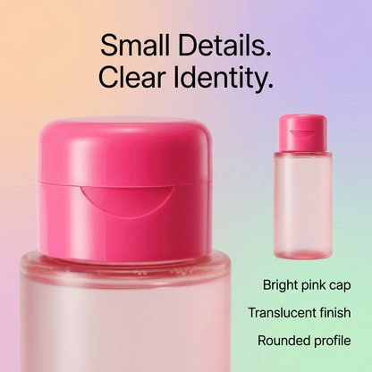 Pink flip-top cap and bottle shoulder close-up