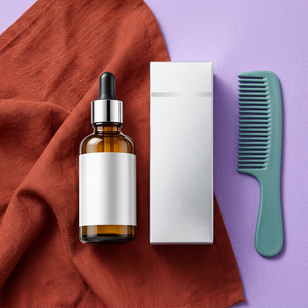 Hair essence bottle in a colorful lavender flat lay