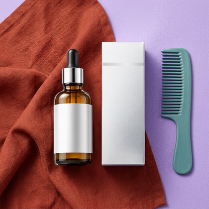 Hair essence bottle in a colorful lavender flat lay