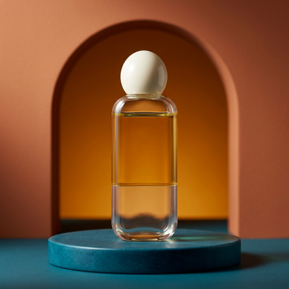 Body serum oil on peacock blue pedestal with terracotta accents